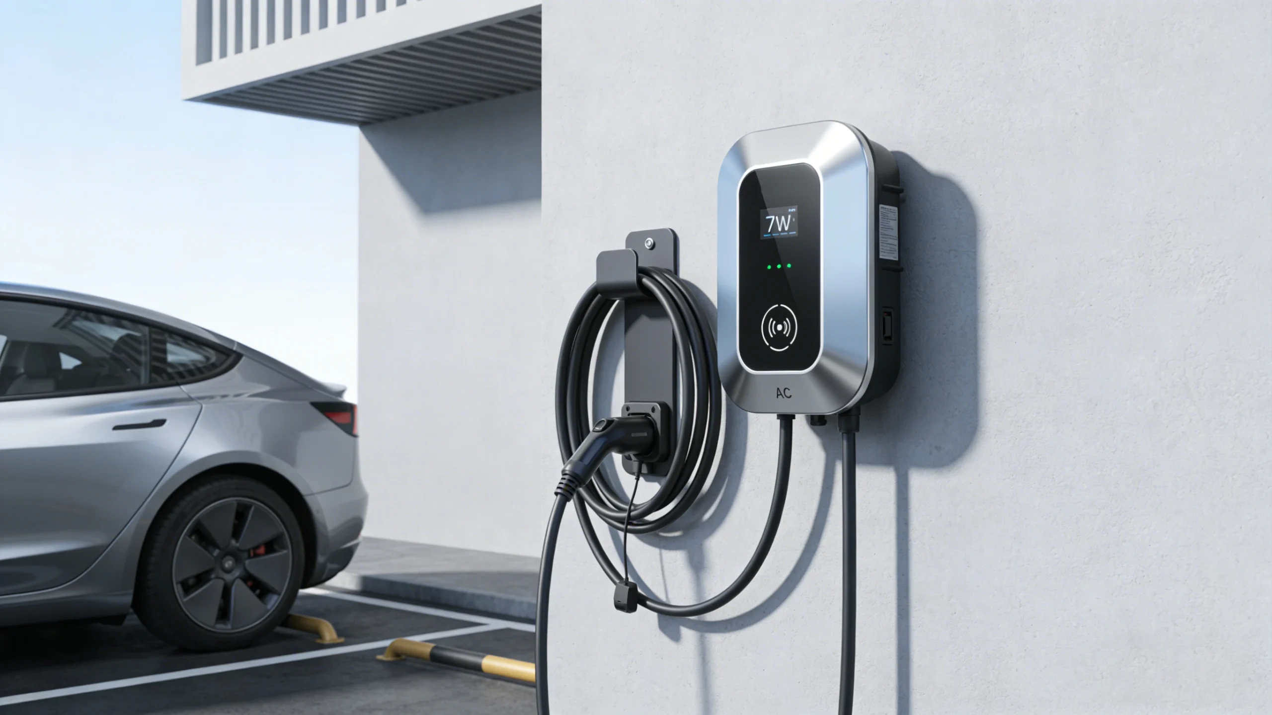 A close-up view of a space-saving wall-mounted electric vehicle charging station, suitable for workplaces or garage parking scenarios.