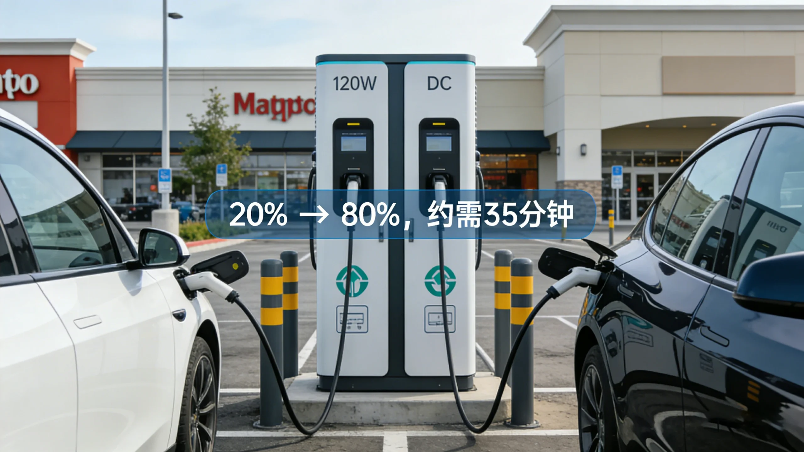 A dual-gun 120kW DC fast charging station located in a commercial parking lot is simultaneously providing charging services for two electric vehicles.