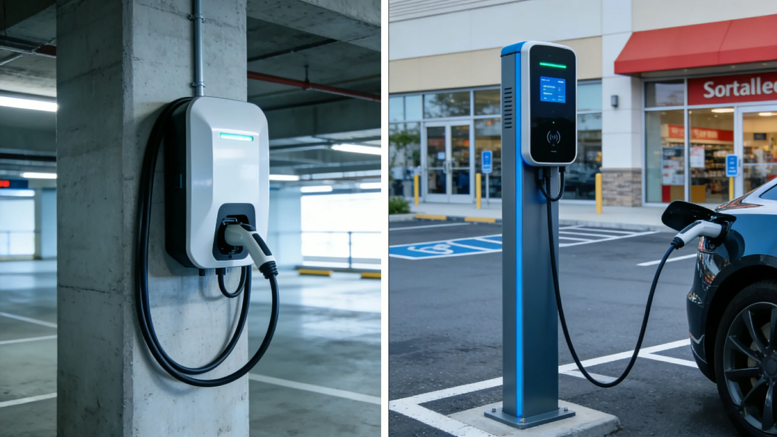 A side-by-side comparison of wall-mounted and column-mounted electric vehicle charging stations in different commercial parking environments.